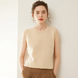 Womens Crew Neck Cashmere Sweater Cashmere Vest Sleeveless Knit Top Beige XS