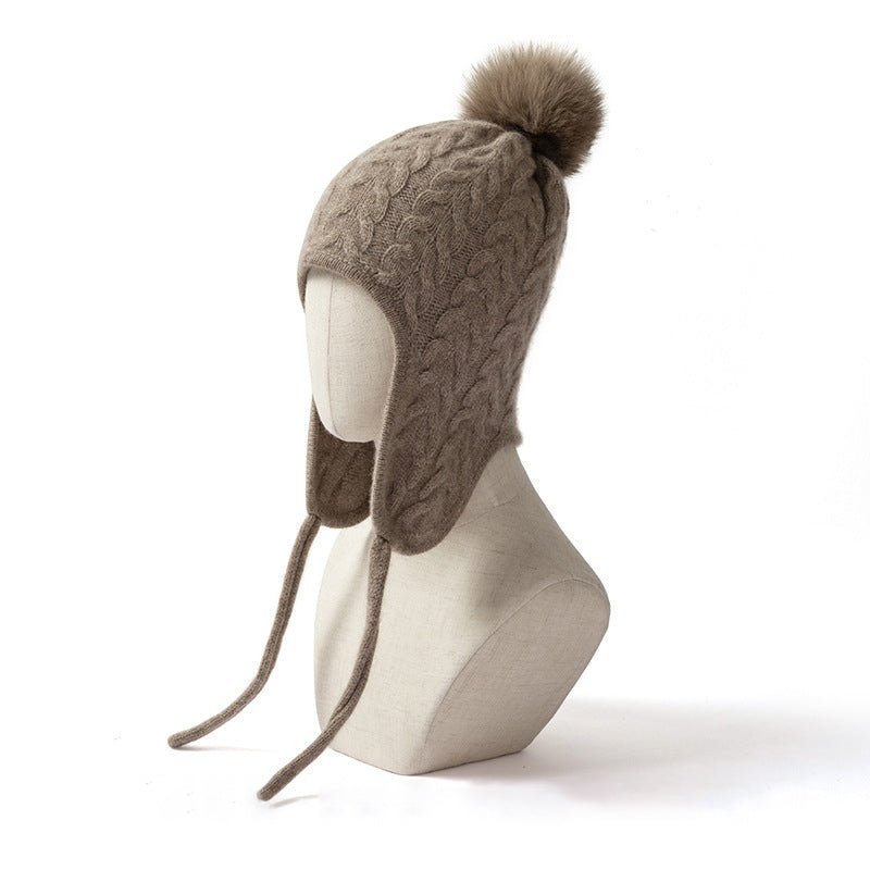 Womens Cute Cashmere Knitted Hat with Fur Pom Warm Cashmere Earflap Cap Cashmere Hats