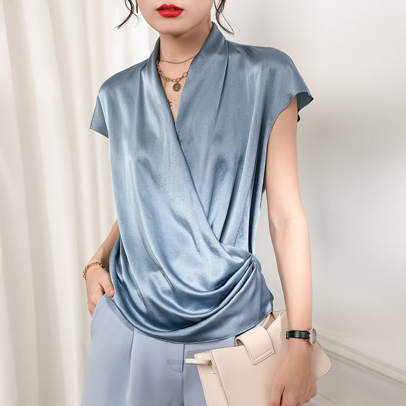 Women's Dark Grey Short Sleeve Silk Wrap Blouse - slipintosoft