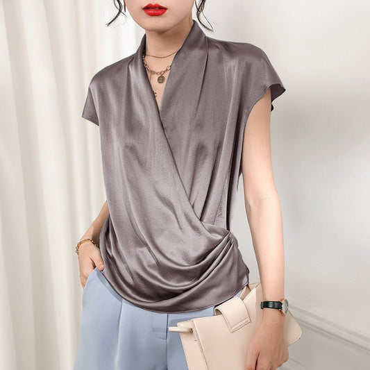 Women's Dark Grey Short Sleeve Silk Wrap Blouse - slipintosoft