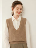 Womens Deep V Neck Cashmere Sweater Cashmere Vest Ribbed Trim Camel XS