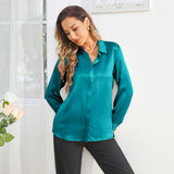 Women's Silk Blouse Lady Lapel Silk Shirt Office Work Long Sleeve Silk Shirt Tops - slipintosoft