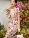 Womens Floral Print Silk Dress V Neck Short Sleeve Belted Silk Midi Dress Purple XS