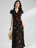 Womens Floral Print Silk Midi Dress V Neck Lace Trim A Line Silk Dress Black XS
