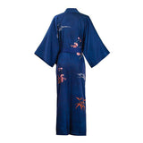 Long 100% Silk Kimono Robe Dark Blue Floral Printed  Women High Waist  Elegant Sleepwear Fancy Night Wears All Sizes -  slipintosoft