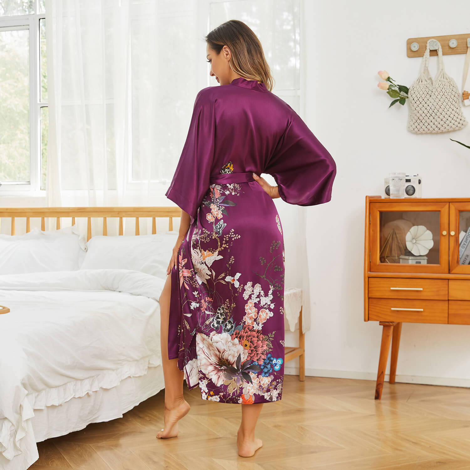 Women's Long Silk Kimono Robe Flower Print Pure Silk Robes - slipintosoft