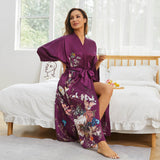 Women's Long Silk Kimono Robe Flower Print Pure Silk Robes - slipintosoft