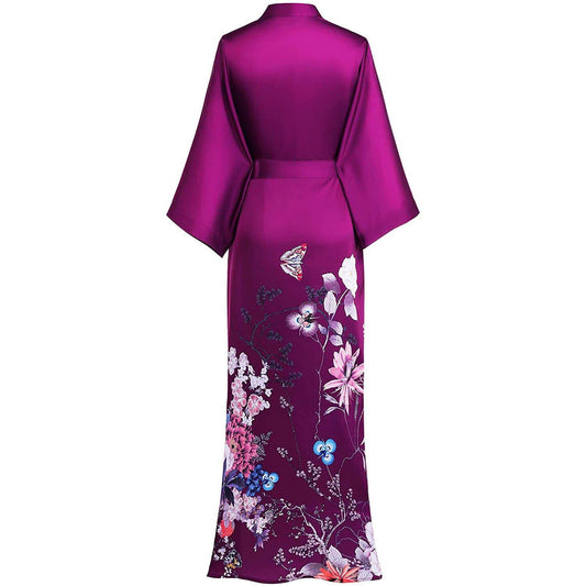 Women's Full Length Floral Print Silk Kimono Robes