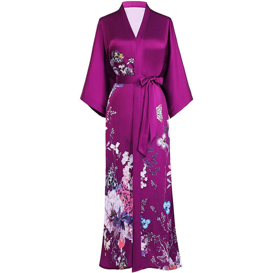 Women's Full Length Floral Print Silk Kimono Robes