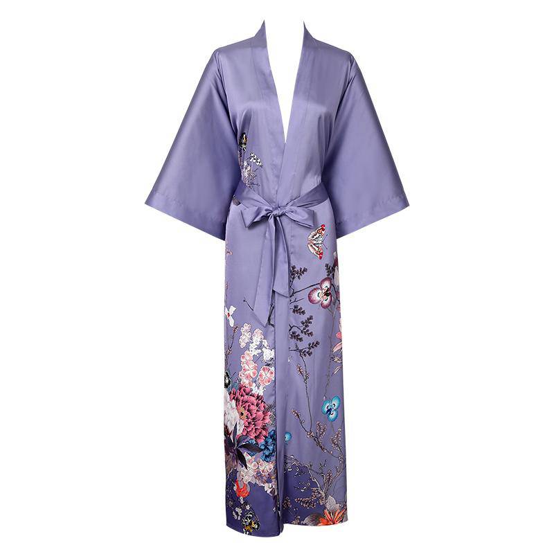 Women's Long Purple Silk Kimono Robe with Sash Colorful Blossoms and Butterflies Paints All Sizes - slipintosoft