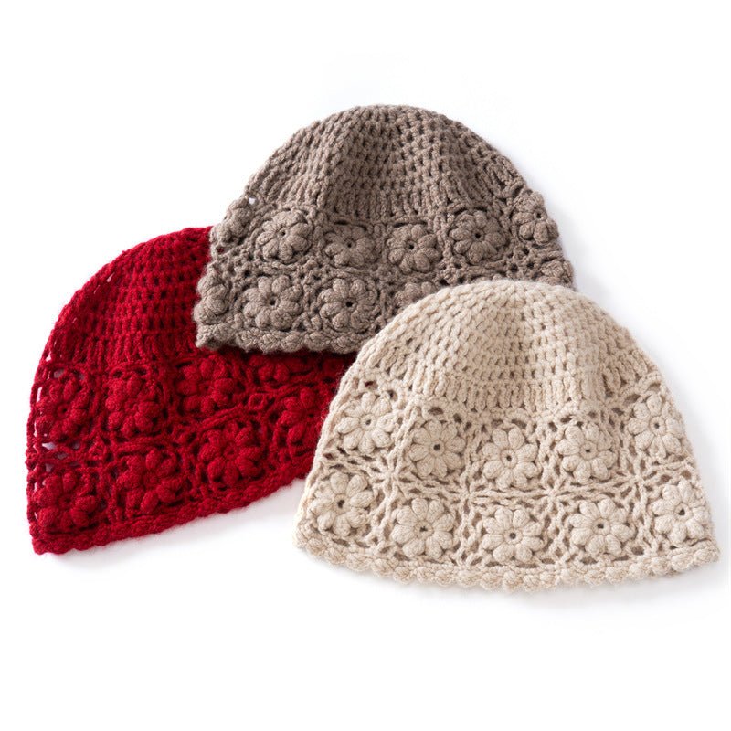 Womens Flower Knit Cashmere Beanie Hat Textured Floral Cashmere Hat Beige M