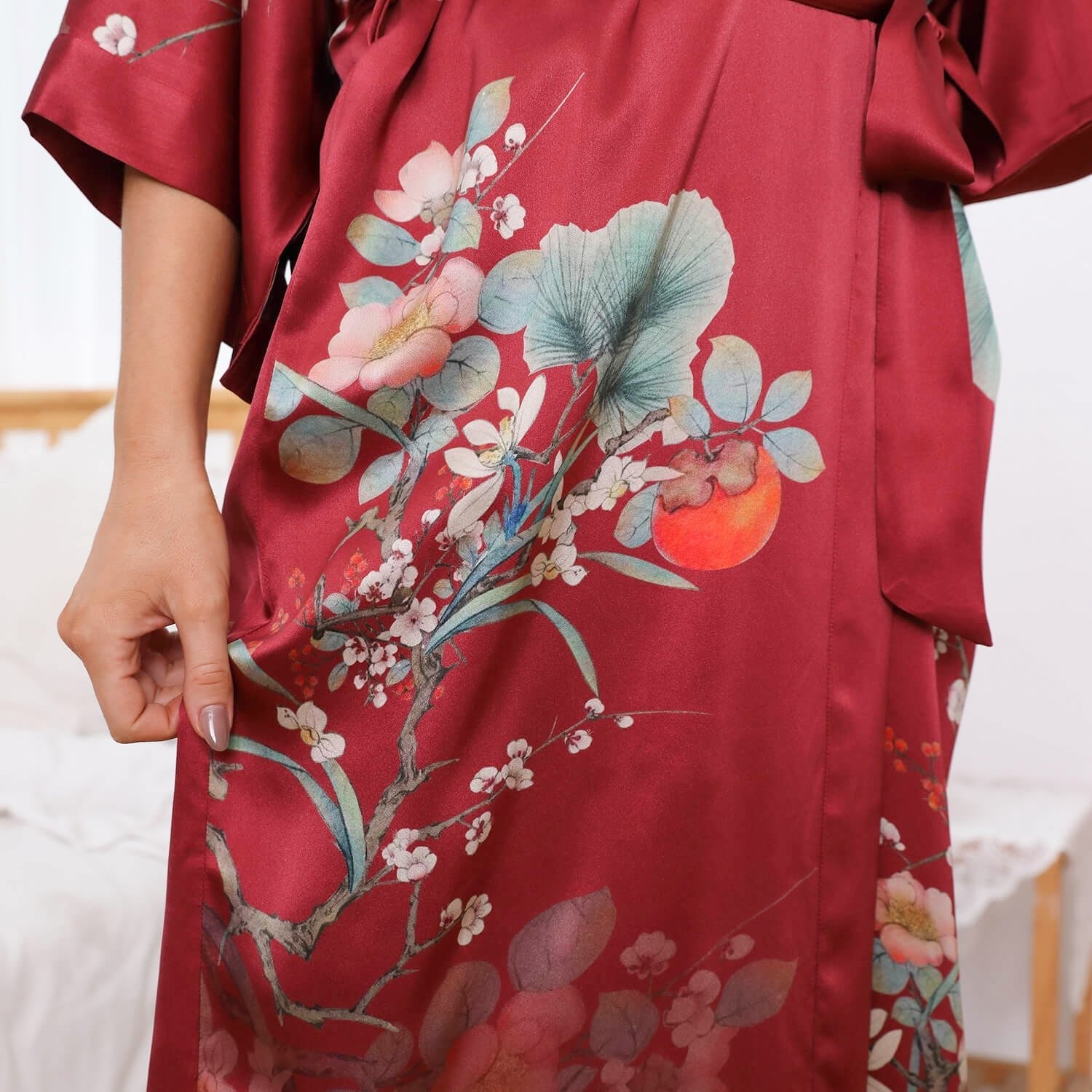 women's Flower Silk Kimono Robes Floral Printing 100% Silk Kimono - slipintosoft