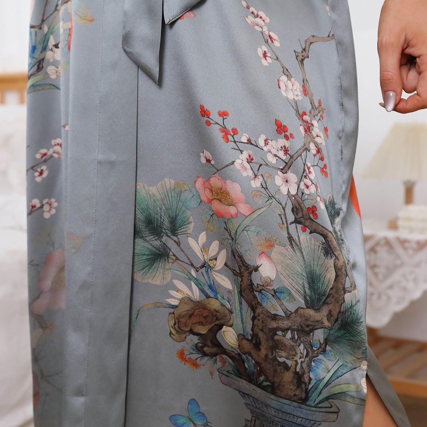 women's Flower Silk Kimono Robes Floral Printing 100% Silk Kimono - slipintosoft