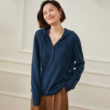 Womens Cashmere Hoodie with Buttoned Henley Neck Cashmere Hoody