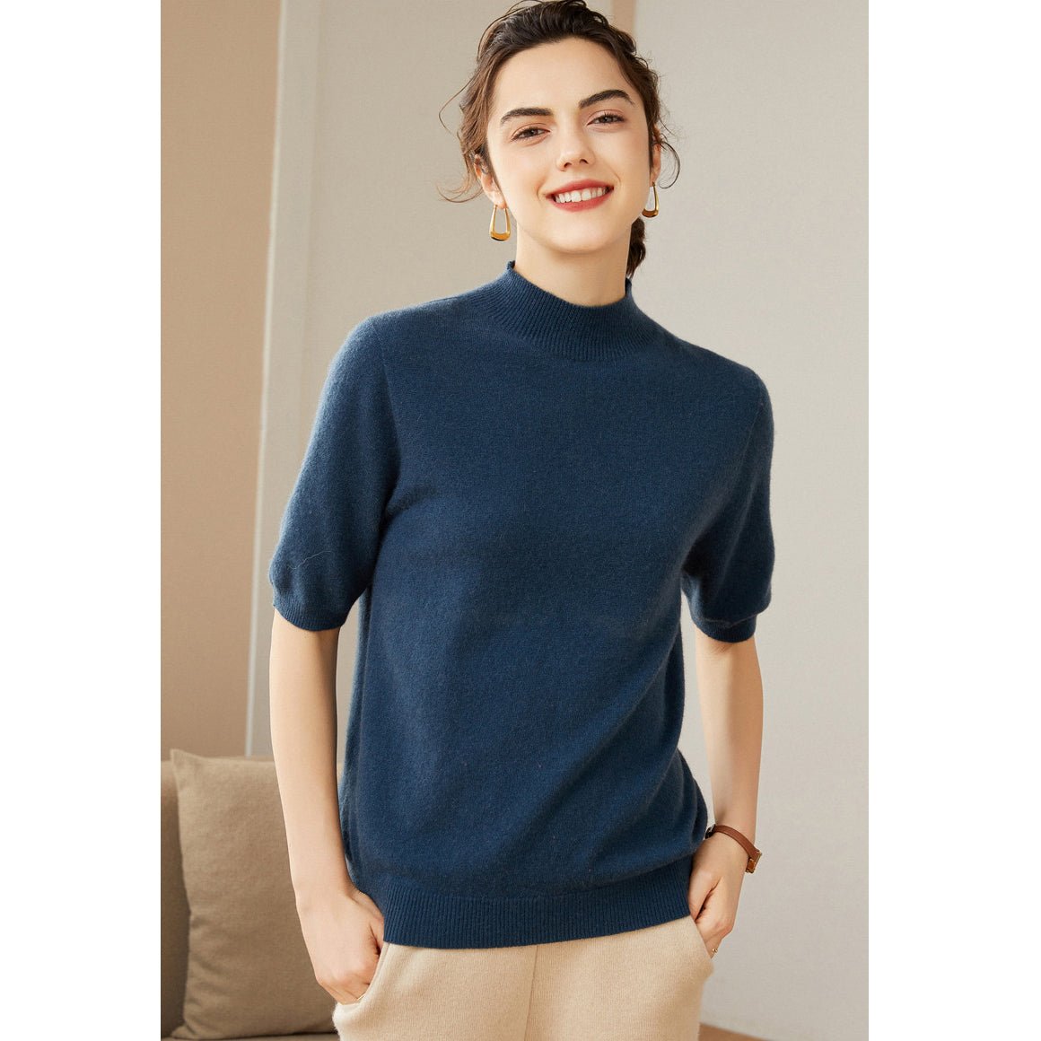 Womens Cashmere Mock Neck Sweater Half - Sleeve Superfine Sweater