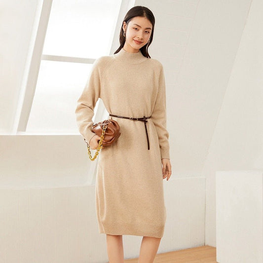 Women's Half Turtleneck Cashmere Dresses Long Cashmere Sweater Dress - slipintosoft