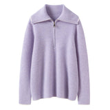 Womens Half-Zip Cashmere Sweater Ribbed Knit Collared Cashmere Pullover Purple XS