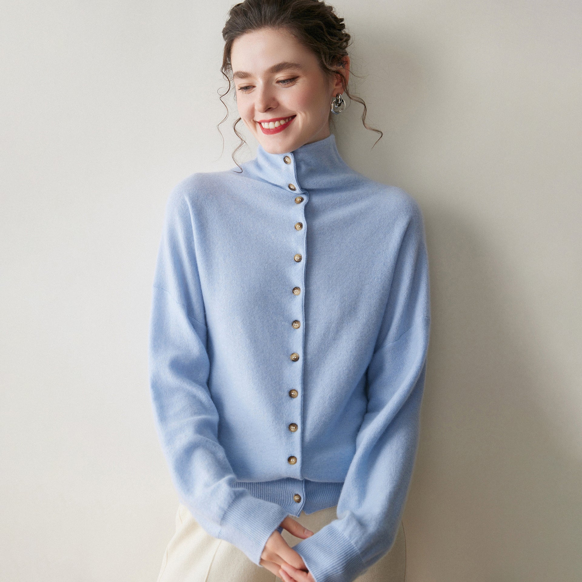Womens High Neck Cashmere Cardigan Button Cashmere Sweater Blue XS