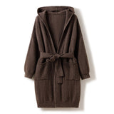 Womens Hooded Cashmere Belted Cardigan Patch Pockets Cashmere Coat