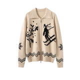 Womens Jacquard Pure Cashmere Cardigan Zip-Up Cardigan Sweater Beige XS