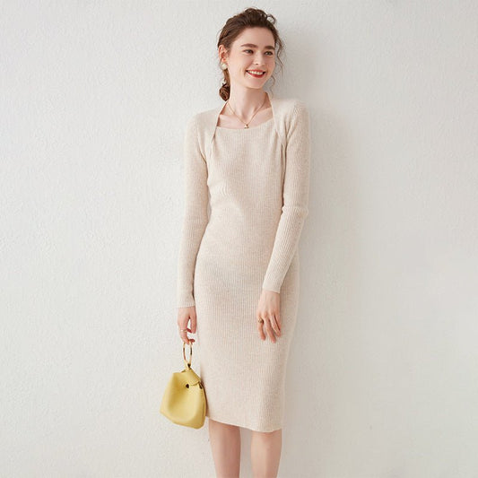 Women's Knitted Cashmere Dresses Slim Fit Solid Cashmere Sweater Dress - slipintosoft