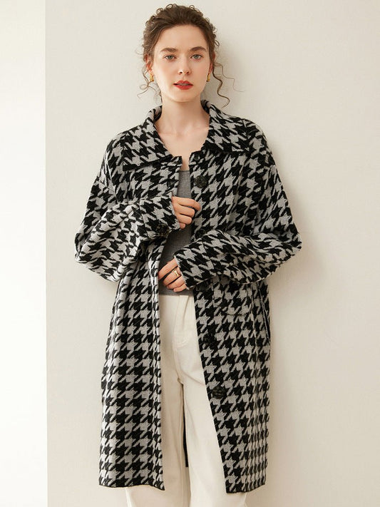 Women's Lapel Neck Cashmere Cardigan Button - down Houndstooth Pattern Cashmere Coat - slipintosoft