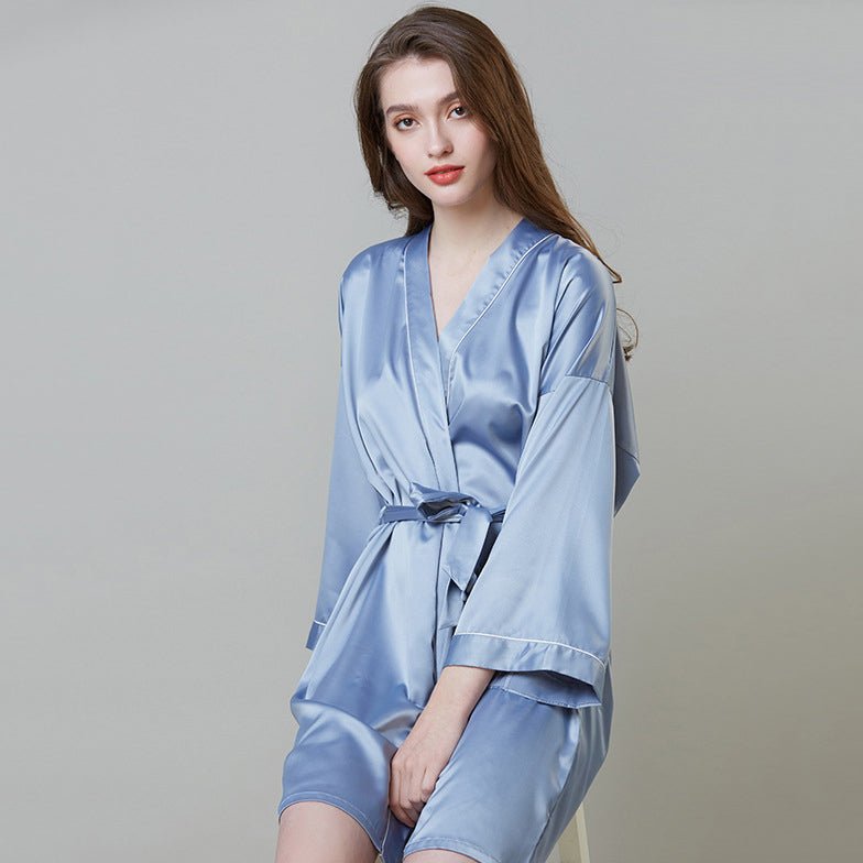 Womens Light Blue Mid Length Silk Kimono Robe with White Trimming - slipintosoft