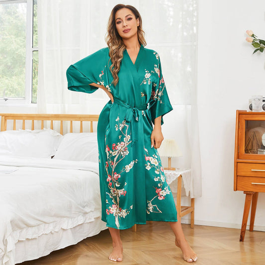 Damen-Kimono-Roben aus reiner Seide mit Blütendruck, langer Seidenbademantel