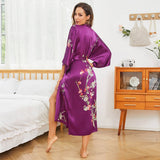 women's long Blossom Printing pure Silk Kimono Robes Silk Bathrobe - slipintosoft