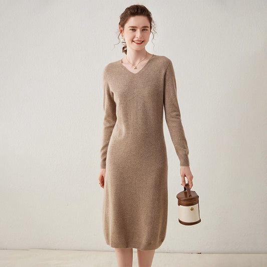 Women's Long Cashmere Dresses V Neck Cashmere Knitted Dress Slim Fit Basic Dress Women Cashmere Dress