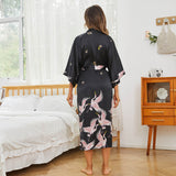 Long Silk Kimono Robe with Belt Crane Prints Women's Silk Robe - slipintosoft