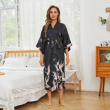 Long Silk Kimono Robe with Belt Crane Prints Women's Silk Robe - slipintosoft