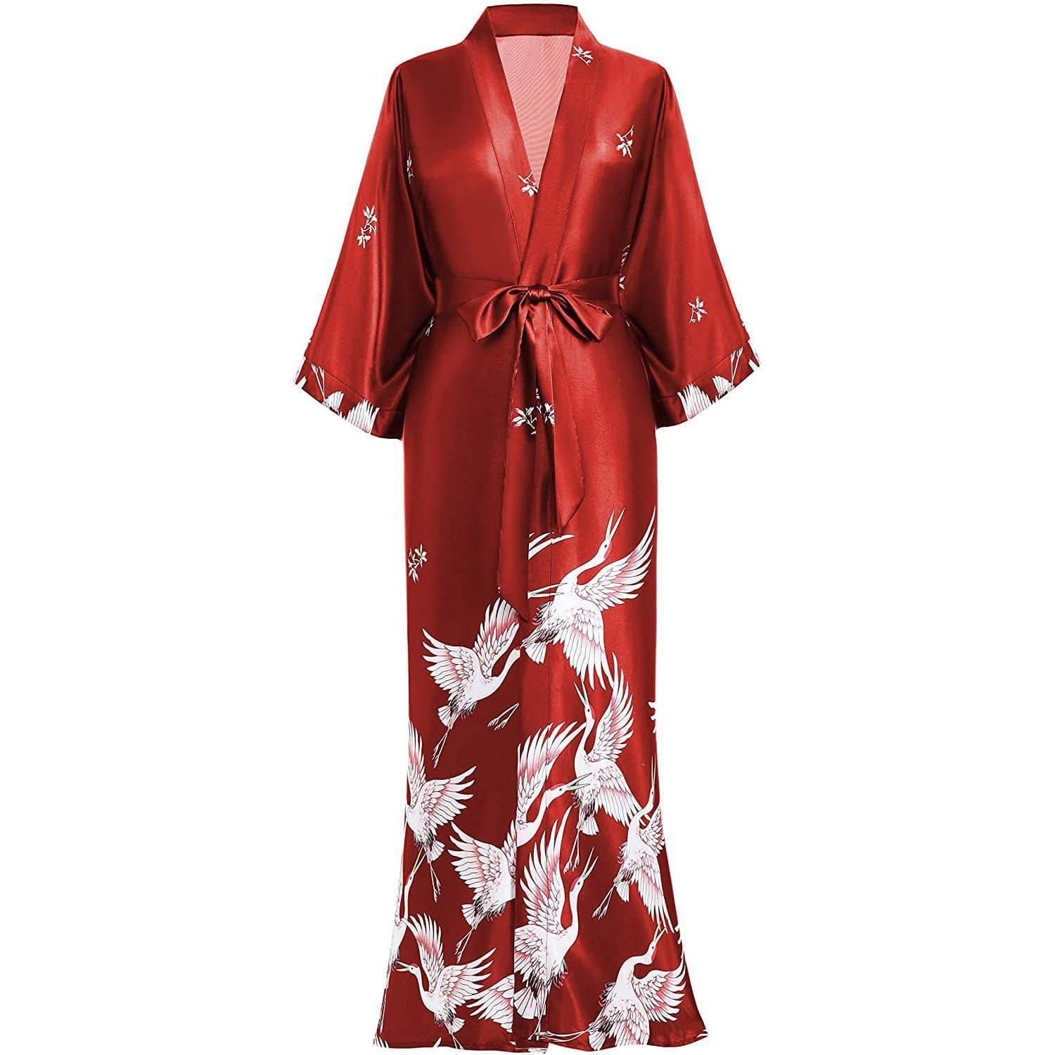 Long Silk Kimono Robe with Belt Crane Prints Women's Silk Robe - slipintosoft