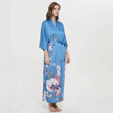 Women's 100% Silk Kimono Robe Blue Floral Printed 3/4 Sleeves Japanese Bath Robes All Sizes - slipintosoft