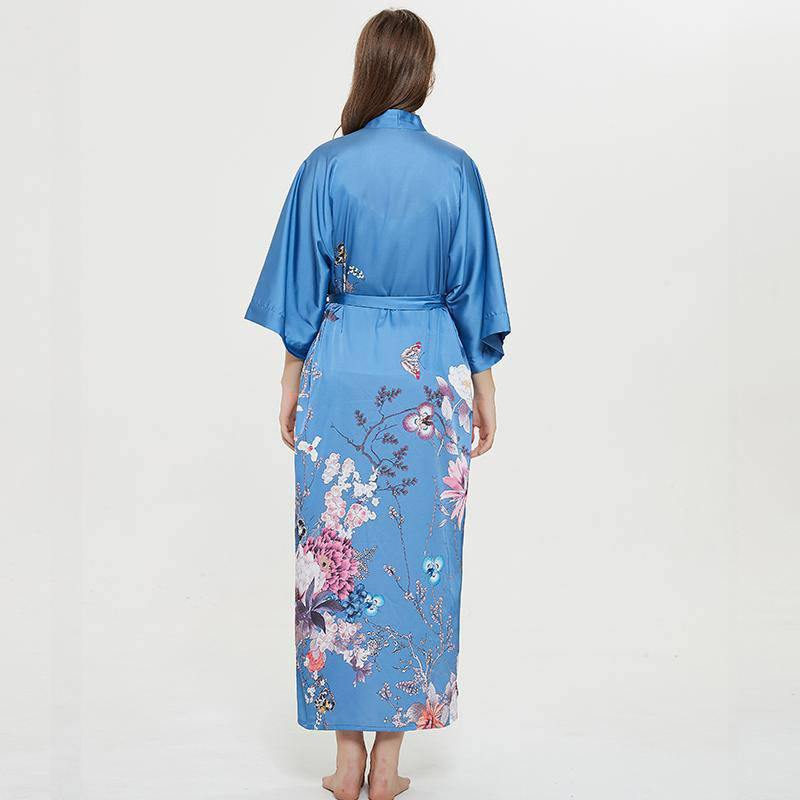 Women's 100% Silk Kimono Robe Blue Floral Printed 3/4 Sleeves Japanese Bath Robes All Sizes - slipintosoft