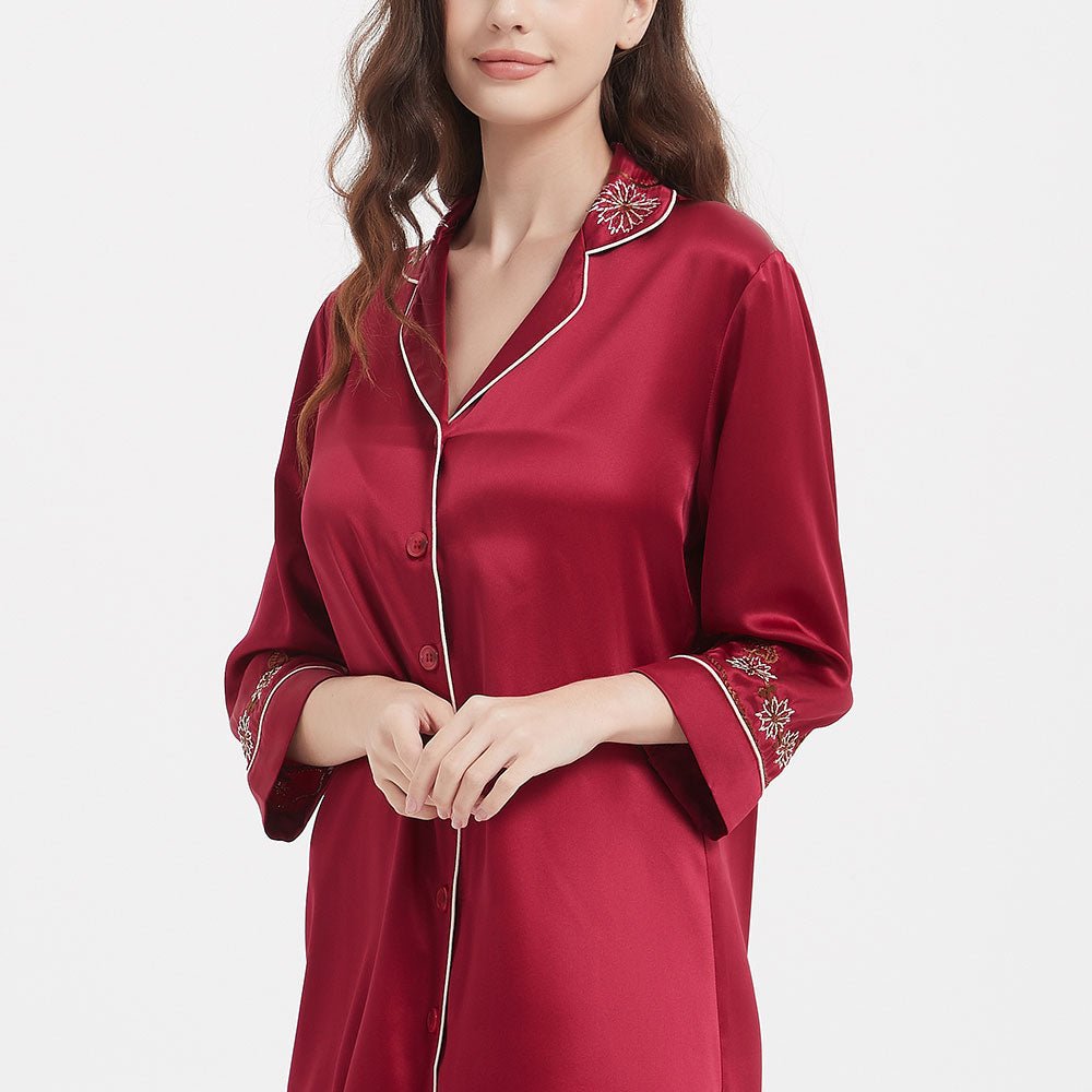 Women's Long Seelve Button Up 19 Momme 100% Silk Nightshirts With Embroidery - slipintosoft