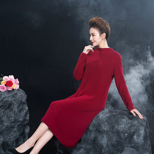 Womens Mock Neck Cashmere Dresses Tea Length Cashmere Sweater Dress - slipintosoft