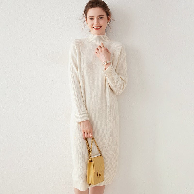 Womens Cashmere Cable Knit Midi Dress Long Sleeve Mock Neck Dress