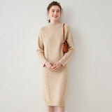 Womens Cashmere Cable Knit Midi Dress Long Sleeve Mock Neck Dress