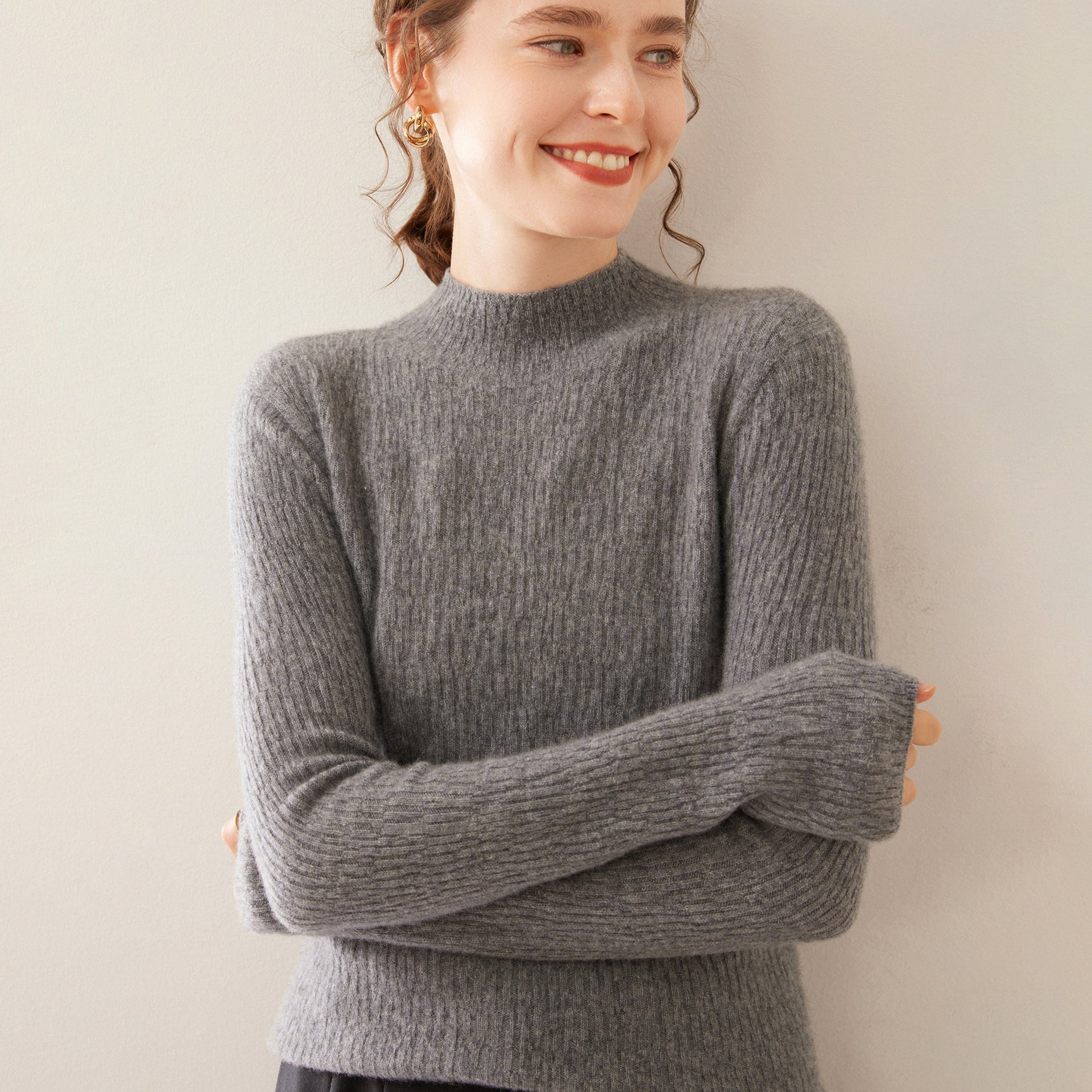 Womens Mock Neck Cashmere Ribbed Sweater Cashmere Pullover Gray XS