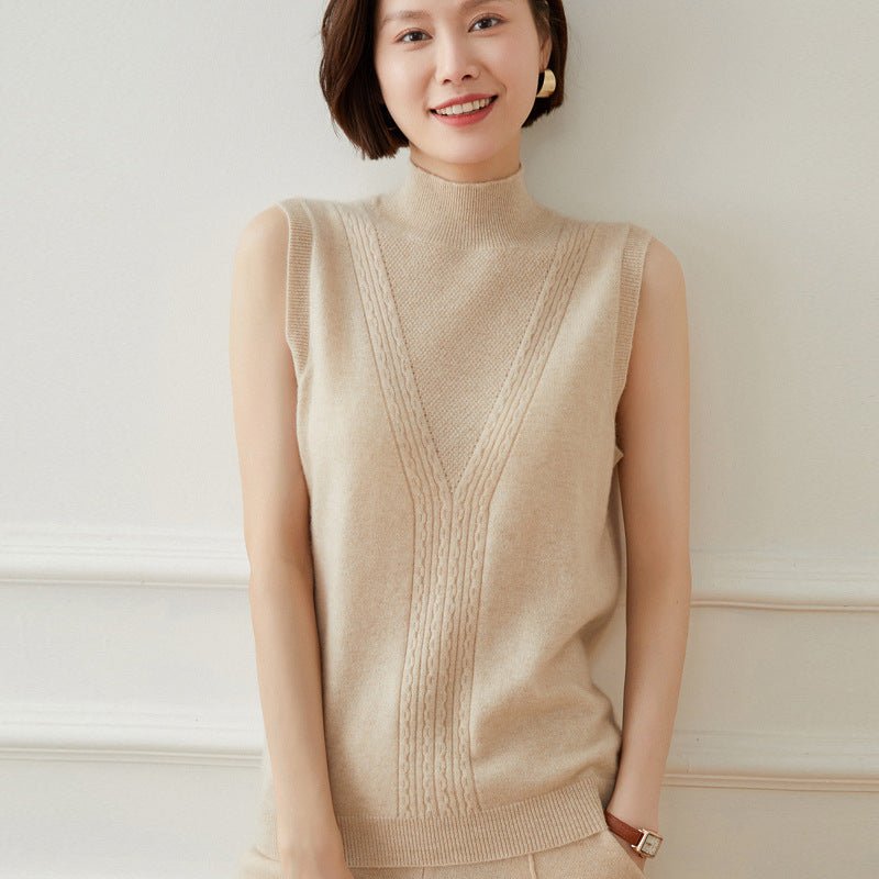 Womens Mock Neck Sleeveless Cashmere Vest With Cable Knit Detailing