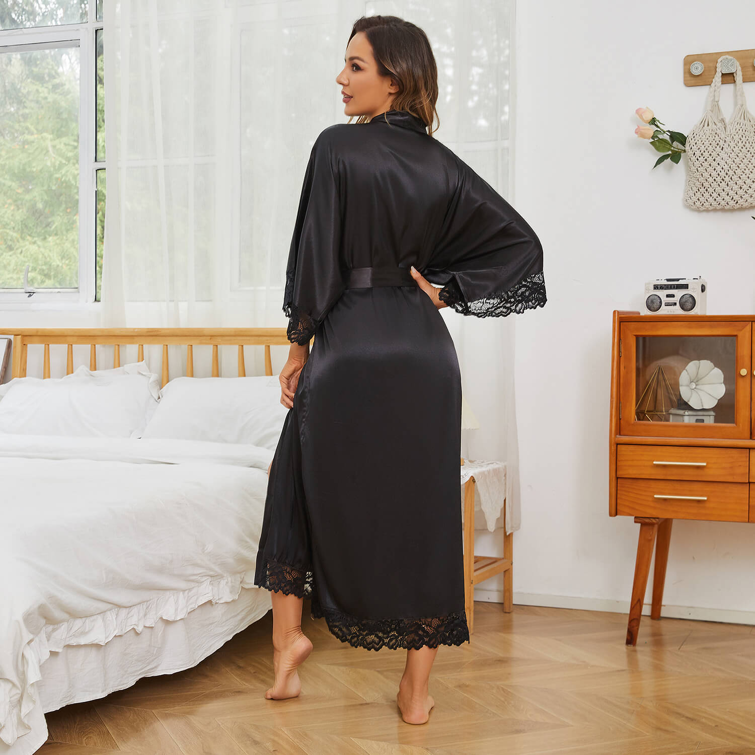 Women Silk Kimono Robe Long Bridesmaid Robe with Lace Trim - slipintosoft