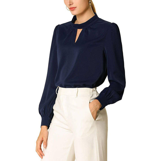 Women's Office Silk Shirt Keyhole Neck Long Sleeve Silk Blouses