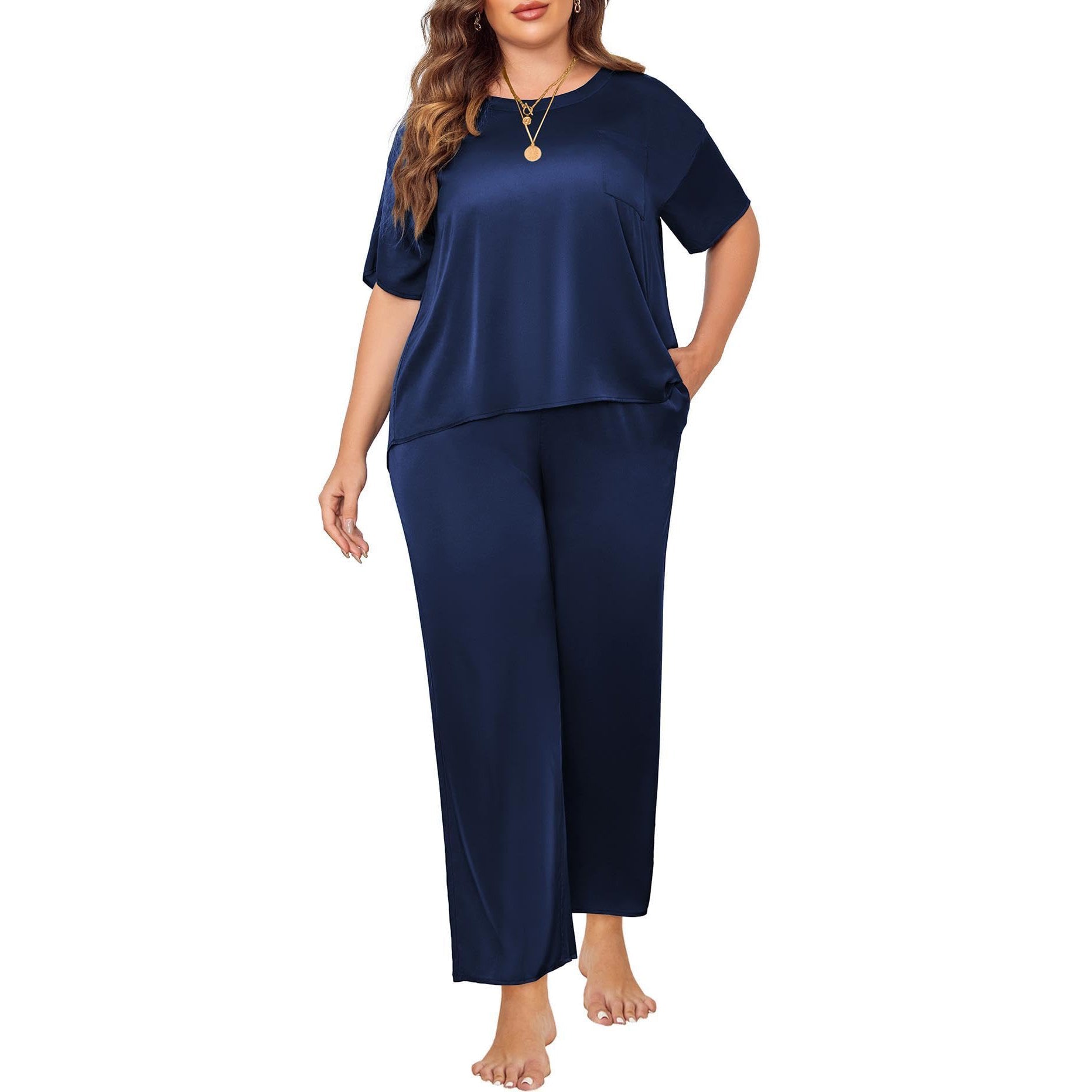 Women's Plus Size Silk Sleepwear Short Sleeve Silk Pajamas