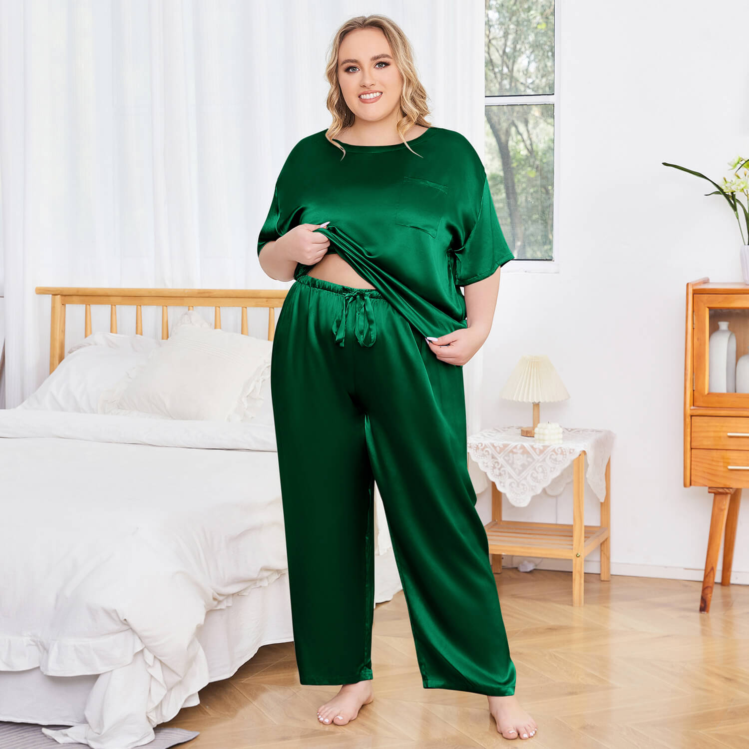 Women's Plus Size Silk Sleepwear Short Sleeve Silk Pajamas