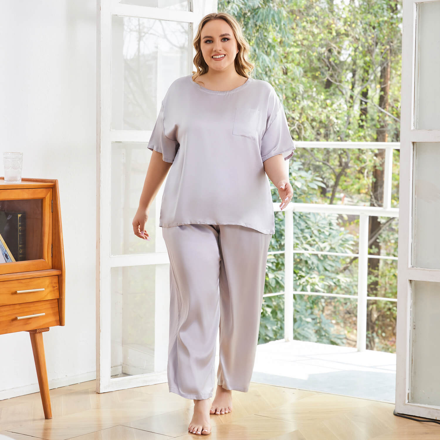 Women's Plus Size Silk Sleepwear Short Sleeve Silk Pajamas