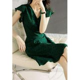 Womens Polka Dot Silk Wrap Dress V Neck Ruffle Sleeve Silk Midi Dress Green XS