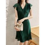 Womens Polka Dot Silk Wrap Dress V Neck Ruffle Sleeve Silk Midi Dress Green XS