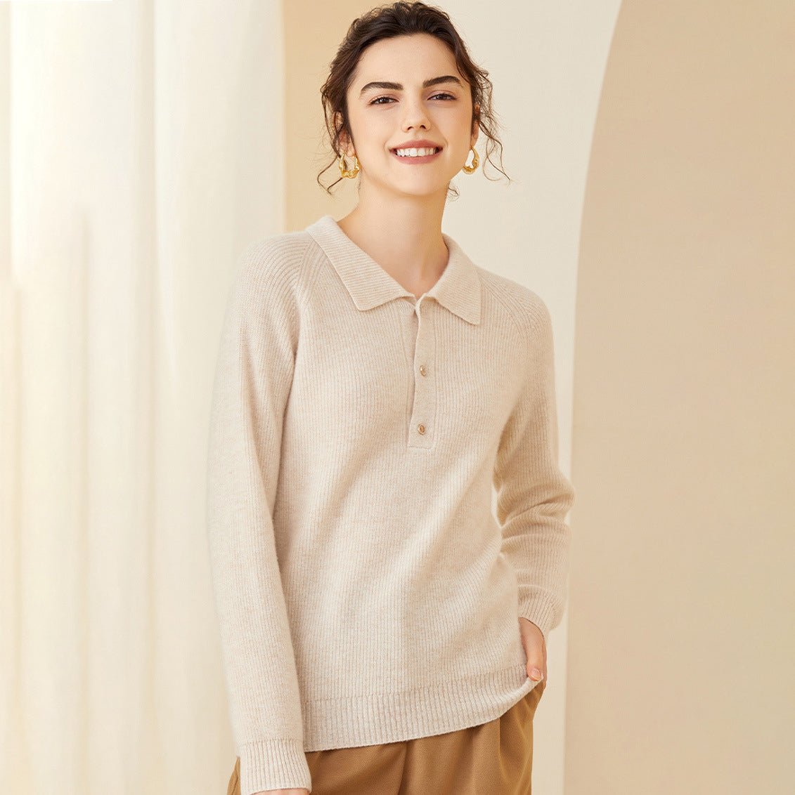 Women's Polo Neck Cashmere Sweater Long Sleeve Spring Cashmere Sweater - slipintosoft