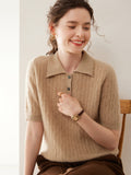 Womens Polo Neck Cashmere Sweater Short Sleeve Cable Knit Cashmere Top Gold Camel XS